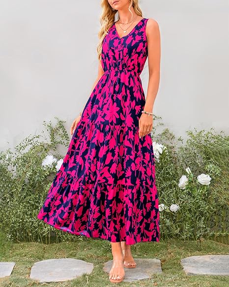 Women Summer Dresses Casual Sleeveless Maxi Dresses Cute Floral Long Dress  Wedding Guest Dress