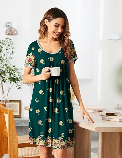 House Dresses for Women Moomoo Nightgowns Short Sleeve Mumu Dress Pleated  Night Gowns Lounge Dress S-3XL